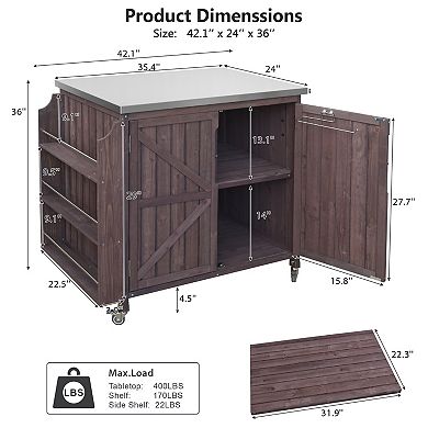 Outdoor Kitchen Island Cart with Stainless Steel Top, Storage Cabinet & Side Shelf
