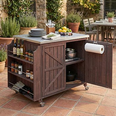Outdoor Kitchen Island Cart with Stainless Steel Top, Storage Cabinet & Side Shelf