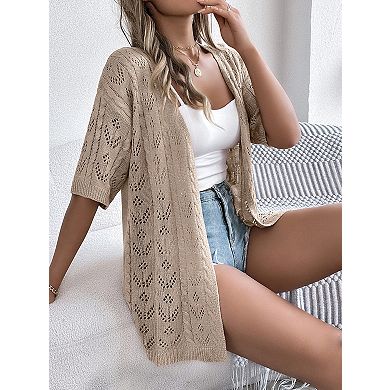 Women's Summer Short Sleeve Crochet Cardigan Sweaters Lightweight Boho Knit Kimono Outwear