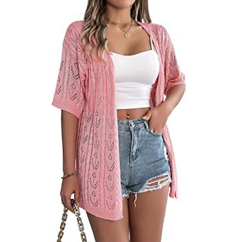 Women's Summer Short Sleeve Crochet Cardigan Sweaters Lightweight Boho Knit Kimono Outwear