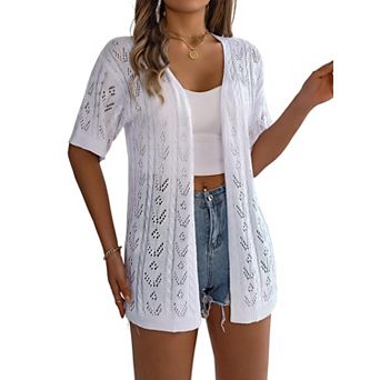 Women's Summer Short Sleeve Crochet Cardigan Sweaters Lightweight Boho Knit Kimono Outwear