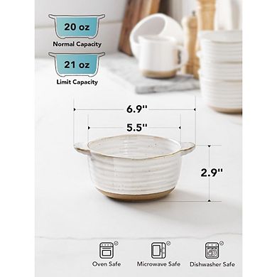Great Ambitions Set of 4 20oz Ceramic Soup Bowls w/ Handles, 5.5", Oven Safe, Arctic White