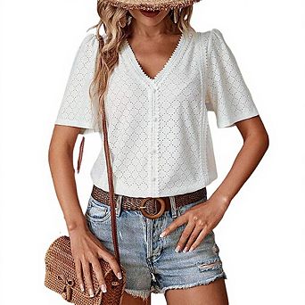 Womens Summer Business Casual Blouses V Neck Short Sleeve Shirts Hollow Out Cute Lace Tops