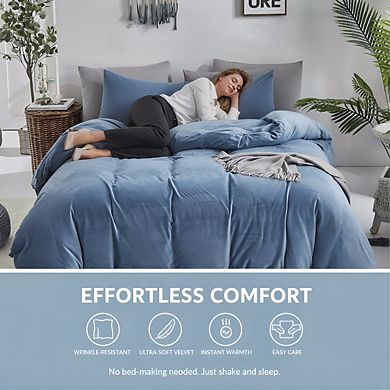 King Blue Velvet Flannel Comforter Set, Winter Weight Plush & Warm Solid Haze