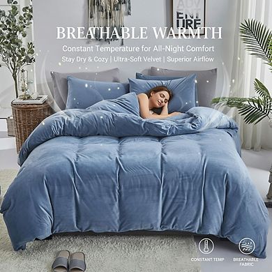 King Blue Velvet Flannel Comforter Set, Winter Weight Plush & Warm Solid Haze