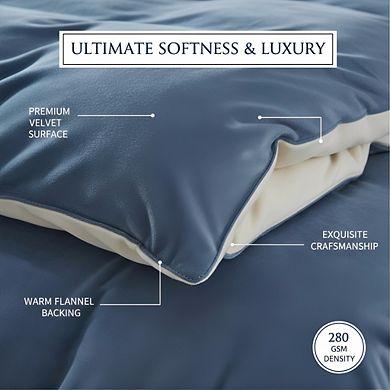 King Blue Velvet Flannel Comforter Set, Winter Weight Plush & Warm Solid Haze