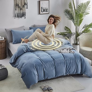 King Blue Velvet Flannel Comforter Set, Winter Weight Plush & Warm Solid Haze