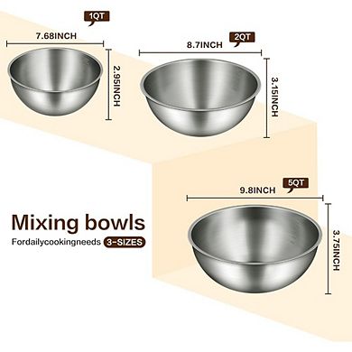 3-PC Stainless Steel Mixing Bowl Set: 2.4-4.9 Qt, Laser-Etched Measurements, Dishwasher Safe