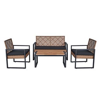 TEINIE 4 pc Outdoor Wicker Patio Set Acacia Table Brown Beige Cushions