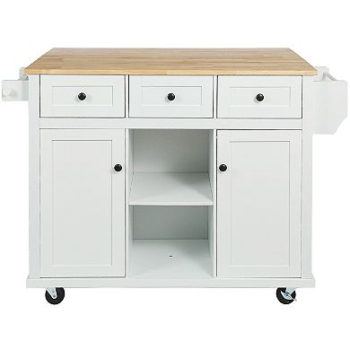 Rolling Kitchen Island with Rubberwood Drop-Leaf, Storage Cabinet & 3 Drawers