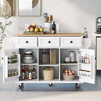 Rolling Kitchen Island with Rubberwood Drop-Leaf, Storage Cabinet & 3 Drawers