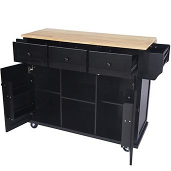 Rolling Kitchen Island with Rubberwood Drop-Leaf, Storage Cabinet & 3 Drawers