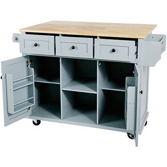 Rolling Kitchen Island with Rubberwood Drop-Leaf, Storage Cabinet & 3 Drawers