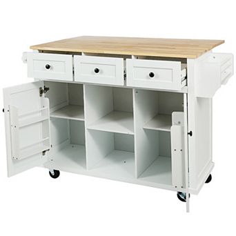 Rolling Kitchen Island with Rubberwood Drop-Leaf, Storage Cabinet & 3 Drawers