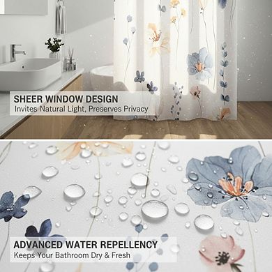 No Hook Shower Curtain with Snap Liner, Watercolor Floral 71x74 Inch Waterproof