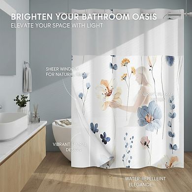 No Hook Shower Curtain with Snap Liner, Watercolor Floral 71x74 Inch Waterproof