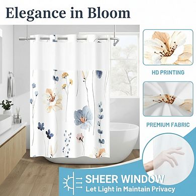 No Hook Shower Curtain with Snap Liner, Watercolor Floral 71x74 Inch Waterproof