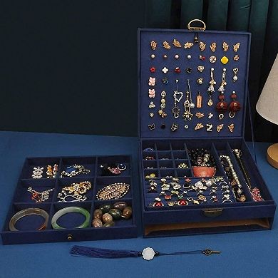 3-Layer Jewelry Organizer with Lock, 8 Hooks, 42 Ring Cases, 12 Big Rings, 64 Ear Studs, 9 Watches