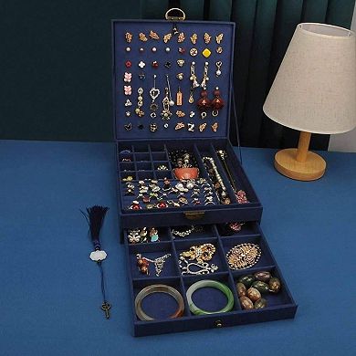 3-Layer Jewelry Organizer with Lock, 8 Hooks, 42 Ring Cases, 12 Big Rings, 64 Ear Studs, 9 Watches