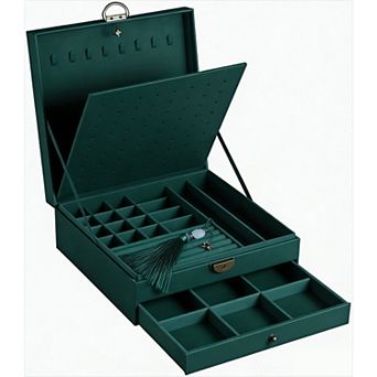 3-Layer Jewelry Organizer with Lock, 8 Hooks, 42 Ring Cases, 12 Big Rings, 64 Ear Studs, 9 Watches