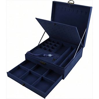 3-Layer Jewelry Organizer with Lock, 8 Hooks, 42 Ring Cases, 12 Big Rings, 64 Ear Studs, 9 Watches