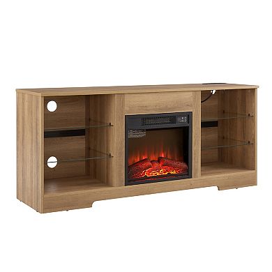 Modern Electric Fireplace TV Stand with LED Lights, Glass Shelves & USB Charging Port
