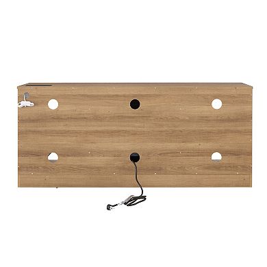 Modern Electric Fireplace TV Stand with LED Lights, Glass Shelves & USB Charging Port