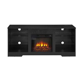 Modern Electric Fireplace TV Stand with LED Lights, Glass Shelves & USB Charging Port