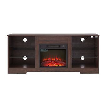 Modern Electric Fireplace TV Stand with LED Lights, Glass Shelves & USB Charging Port