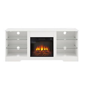 Modern Electric Fireplace TV Stand with LED Lights, Glass Shelves & USB Charging Port