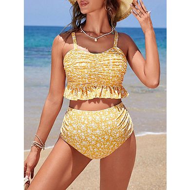 Maternity Two Piece Swimsuit Floral Print High Waisted Bathing Suit with Ruffle Top