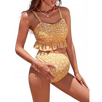 Maternity Two Piece Swimsuit Floral Print High Waisted Bathing Suit with Ruffle Top
