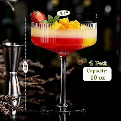 Great Ambitions 4-Pc Ribbed Coupe Glass Set, 10 oz Vintage Cocktail & Barware Gift