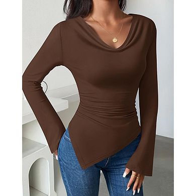 Women's Long Sleeve Cowl Neck Shirts Slim Fit Going Out Y2k Tops Blouses
