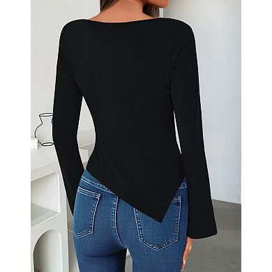 Women's Long Sleeve Cowl Neck Shirts Slim Fit Going Out Y2k Tops Blouses