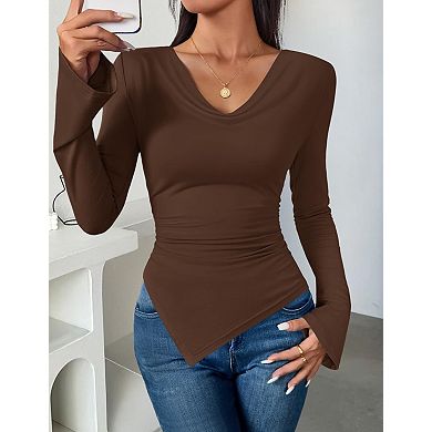 Women's Long Sleeve Cowl Neck Shirts Slim Fit Going Out Y2k Tops Blouses