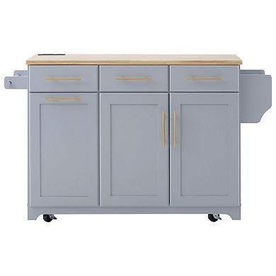 Rolling Kitchen Island: Drop Leaf, Trash Storage, Power Outlet & Pull-Out Organizers