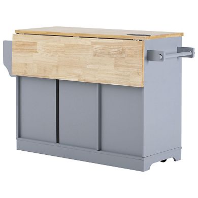Rolling Kitchen Island: Drop Leaf, Trash Storage, Power Outlet & Pull-Out Organizers