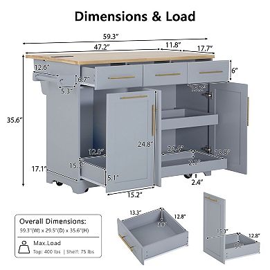 Rolling Kitchen Island: Drop Leaf, Trash Storage, Power Outlet & Pull-Out Organizers