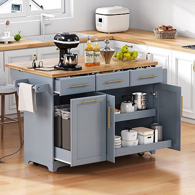 Rolling Kitchen Island: Drop Leaf, Trash Storage, Power Outlet & Pull-Out Organizers