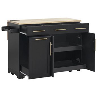 Rolling Kitchen Island: Drop Leaf, Trash Storage, Power Outlet & Pull-Out Organizers