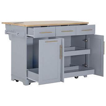 Rolling Kitchen Island: Drop Leaf, Trash Storage, Power Outlet & Pull-Out Organizers