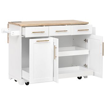 Rolling Kitchen Island: Drop Leaf, Trash Storage, Power Outlet & Pull-Out Organizers