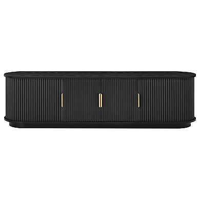 Farmhouse TV Stand with Sliding Tambour Doors, Fluted Media Console & Gold Handles