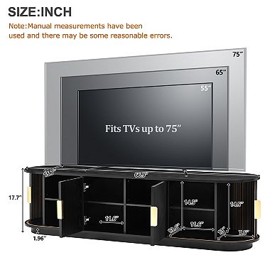 Farmhouse TV Stand with Sliding Tambour Doors, Fluted Media Console & Gold Handles