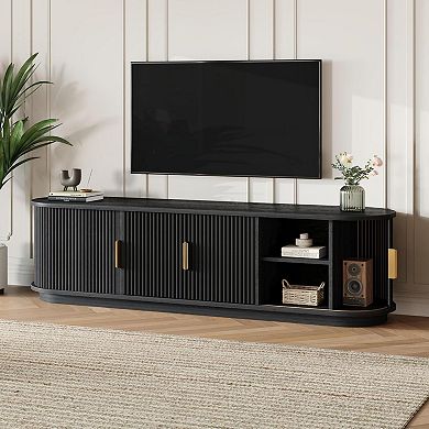 Farmhouse TV Stand with Sliding Tambour Doors, Fluted Media Console & Gold Handles