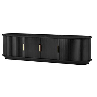 Farmhouse TV Stand with Sliding Tambour Doors, Fluted Media Console & Gold Handles