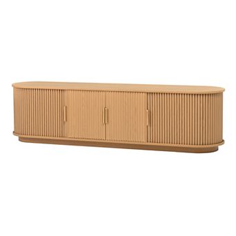 Farmhouse TV Stand with Sliding Tambour Doors, Fluted Media Console & Gold Handles