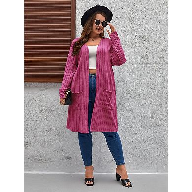 Women's Plus Size Long Sleeve Open Front Solid Cardigan with pocket
