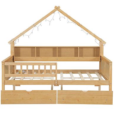 Full Wood House Platform Bed with LED Lights, Storage Shelves & 2 Drawers
